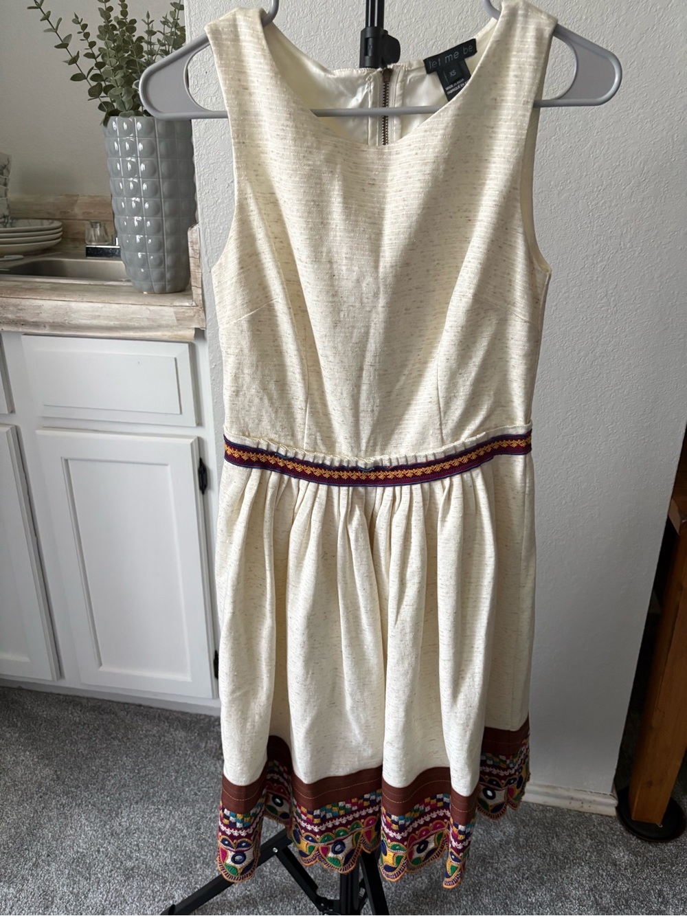 Anthropologie Let Me Be XS Sleeveless Embroidered Fit & Flare Knee Dress Ivory